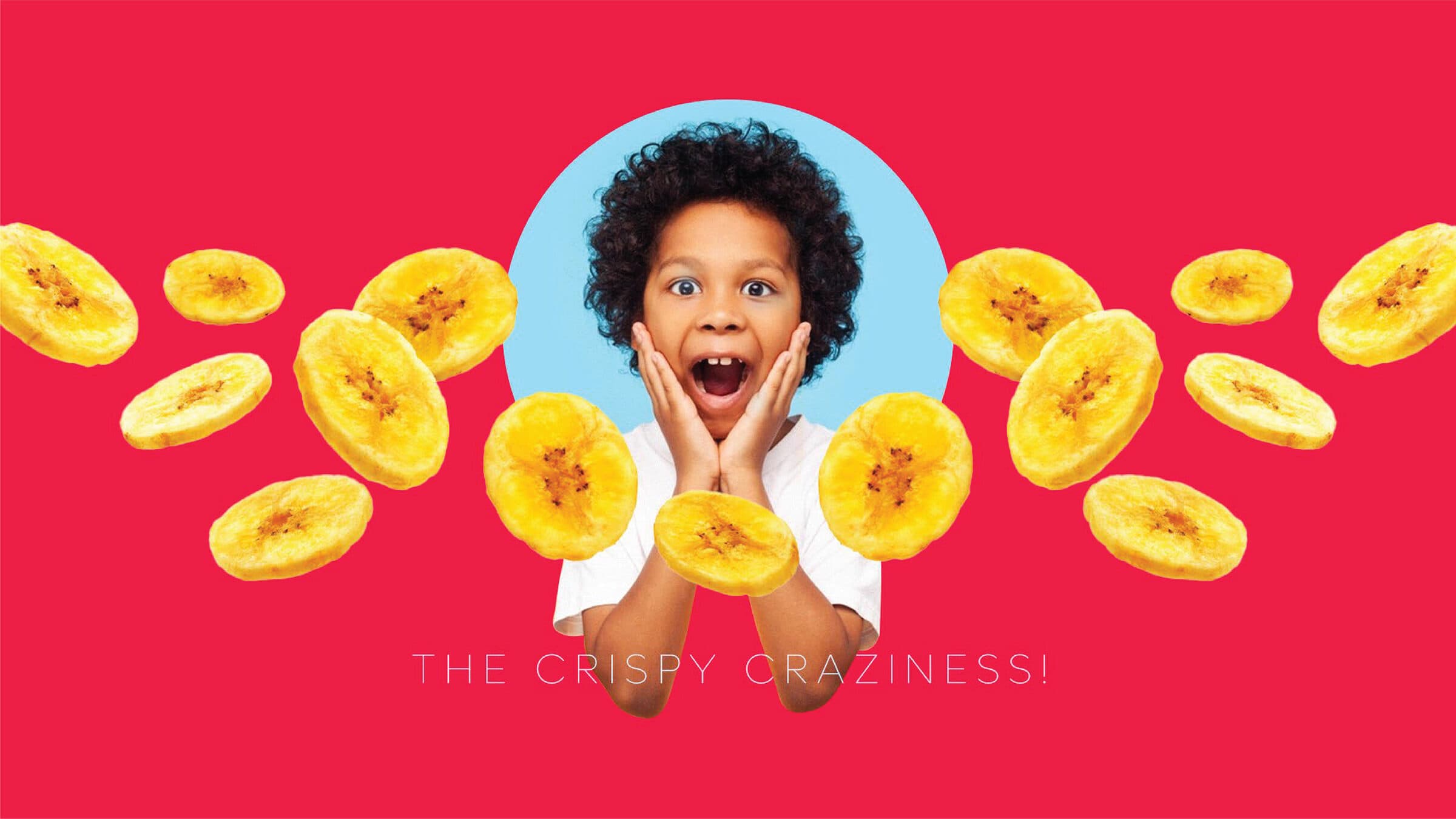 Broyees brand hero — a wide-eyed child reacting to flying banana chip slices on a bright red background, with the tagline The Crispy Craziness